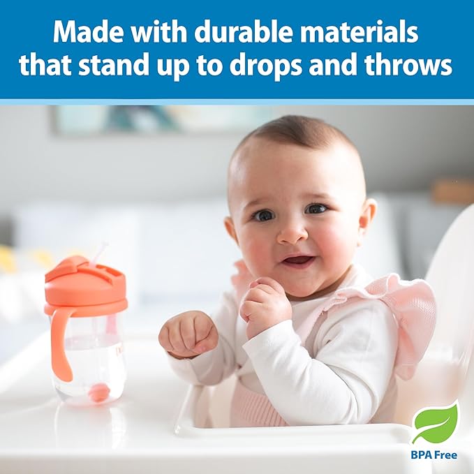 Dr. Brown's Milestones Baby's First Straw Cup, Training Cup with Weighted Straw, 9oz/270mL, Coral, BPA Free, 6m+