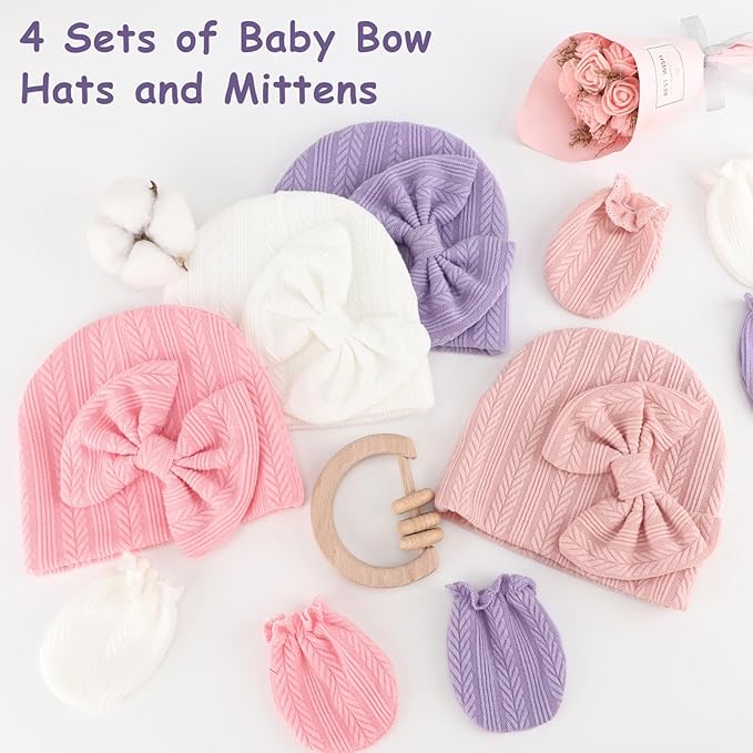 BQUBO Newborn Baby Hats Mittens Set Hospital Hat Beanie Infant Bow Hats Baby Gloves No Scratch Mittens for 0-6 Months