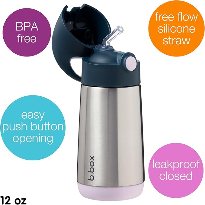 b.box 12 oz Insulated Water Bottle - Keeps Drinks Cold 8 Hours, Warm 6 Hours, Triple Wall Stainless Steel Kids Water Bottle w/Free Flow Silicone Straw, Leakproof & Dishwasher Safe