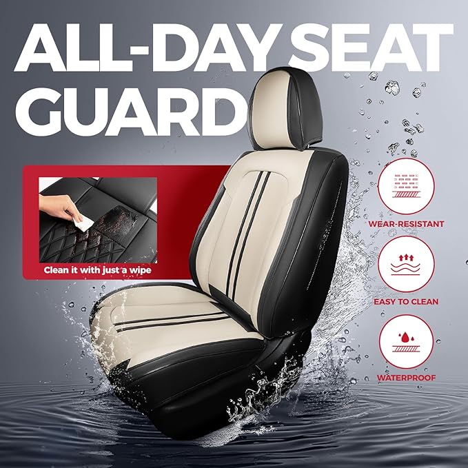 FREESOO Car Seat Covers Full Set, Leather Seat Covers for SUV, Beige Black Car Seat Covers Front Seats and Back, Waterproof Car Seat Cover, Carseat Seat Protectors, Auto Cushion Fit for Most Cars