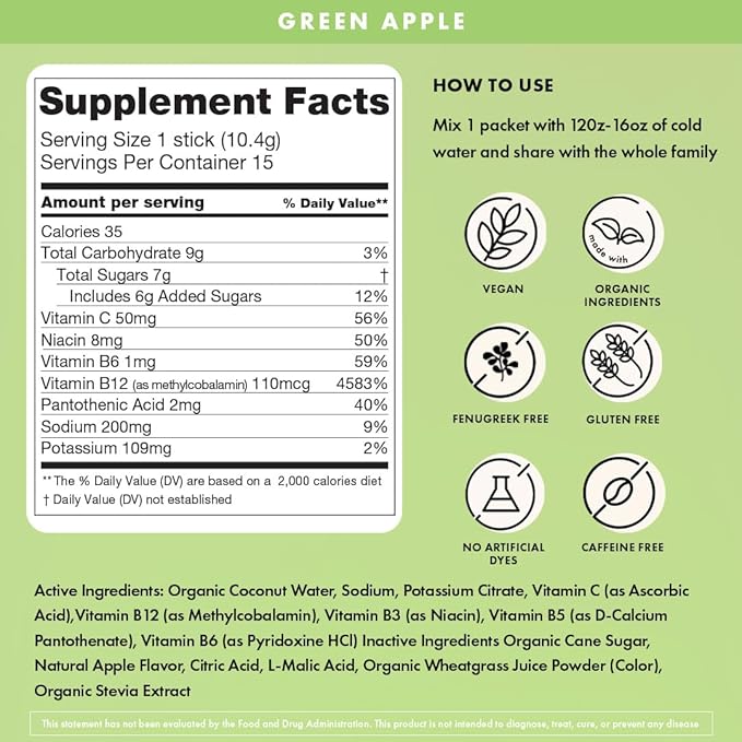 Boobie Hydromom Superfood Electrolyte Drink Mix, Green Apple | Refreshing Energy & Hydration Boost for Mamas | On-The-Go & Travel Essentials for Pregnancy, Lactation, & Beyond, 15 Packets