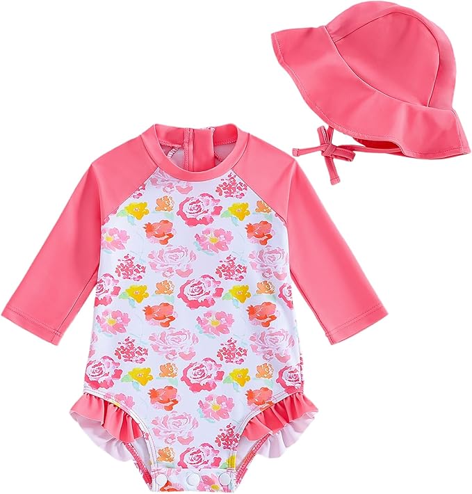 WOLBAY Baby Girl Swimsuit Long Sleeve One Piece Rash Guard with Sun Hat Zipper Bathing Suit Size 0-2T