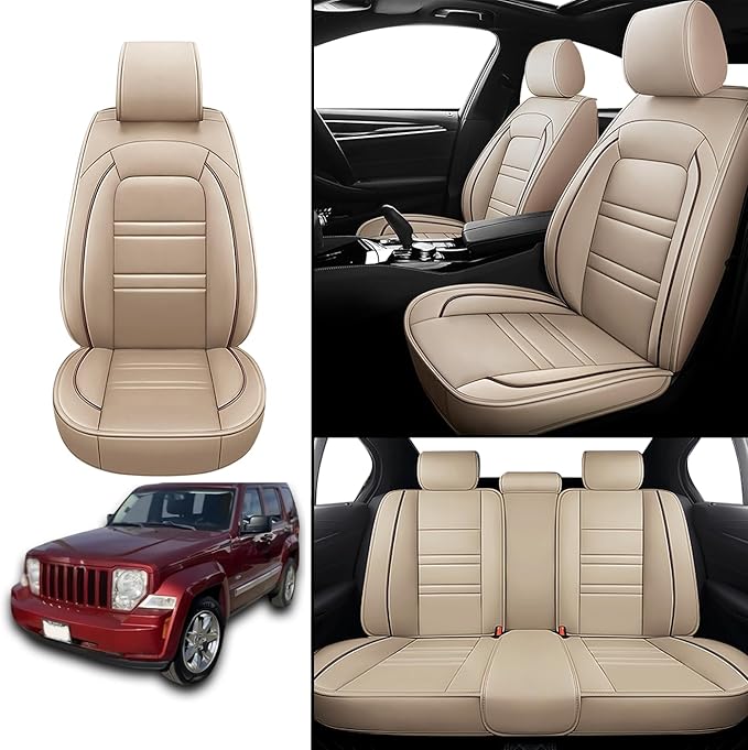 Seat Covers for JP Liberty 2002-2012 | 5-Seats Leather Seat Covers, Easy to Install Automotive Seat Covers Full Set (Full Set, Beige)