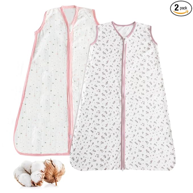 Baby Sleep Sack 18-24 Months 2 Pack, 100% Cotton Toddler Sleeping Bag, 2-Way Zipper Wearable Blanket for Baby Girl, X-Large, 0.5 TOG, Pink Star & Bloom