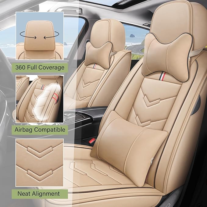 Leather Car Seat Covers Fit for LR Range Rover 2022-2025, 5 Seater Waterproof and Wear-Resistant Seat Cover Interior Accessories(Full Set with Pillow,Beige)