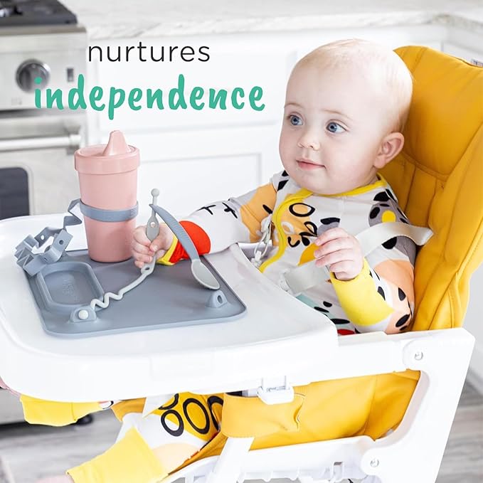 Busy Baby Bottle Bungee - Sippy Cup Strap - Keeps Bottles and Sippy Cups Off The Floor - Food Grade Silicone - Dishwasher Safe (Blue)