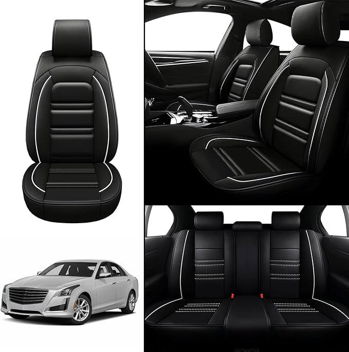 Seat Covers for Cadillac cts 2003-2019 | 5-Seats Leather Seat Covers, Easy to Install Automotive Seat Covers Full Set (Full Set, Black&White Line)