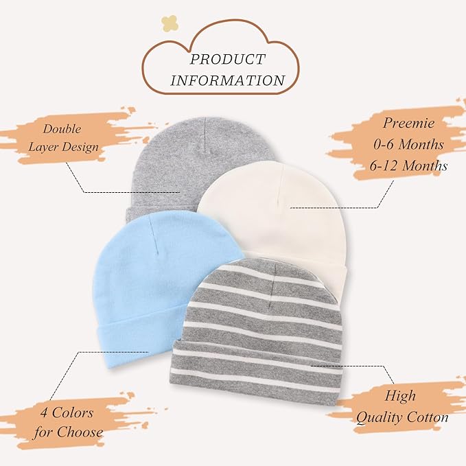 Bamery Cotton Baby Girl Hat Preemie Boys Beanie Newborn Hospital Hats Winter Infant Hats for Girls