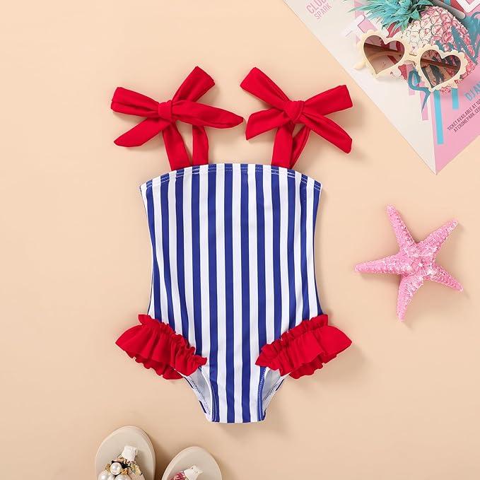 Happy Town Toddler Swimsuit Girl Solid Color Stripe One-Piece Baby Bathing Suits