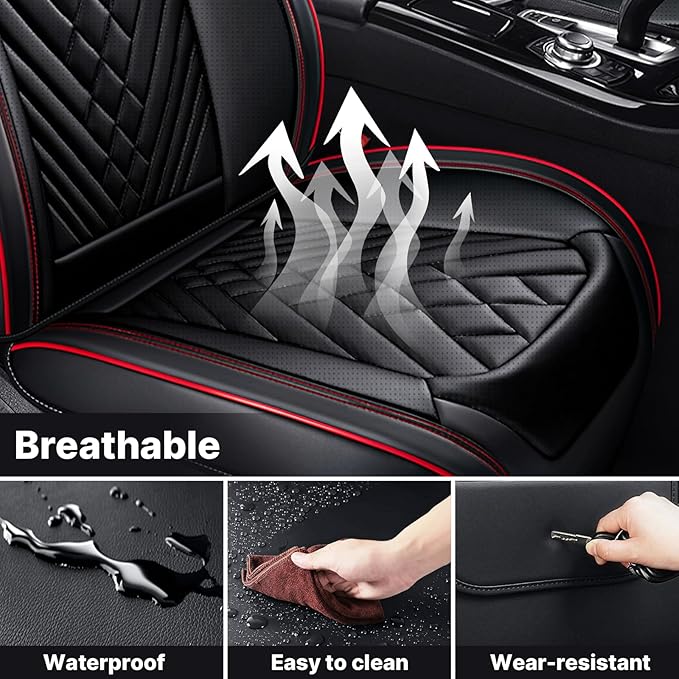 Universal Leather Seat Covers for Cars - Auto Seat Protector with Headrest, Wear-Resistant Car Seat Cushion (Black & Red, 2 Seats)