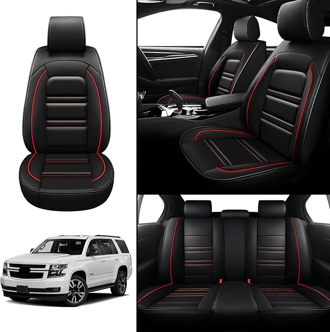 Seat Covers for Chevy Tahoe 1995-2025 | 5-Seats Leather Seat Covers, Easy to Install Automotive Seat Covers Full Set (Full Set, Black&Red Line)