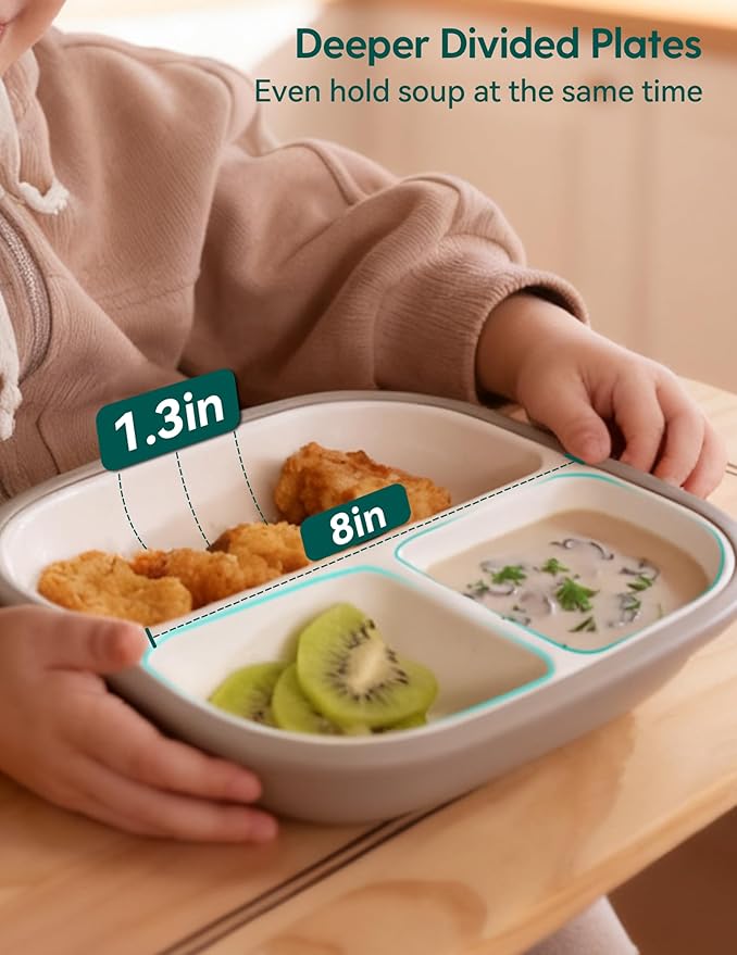 BABELIO 8'' Toddler Porcelain Plates with Silicone Suction Sleeves, Lead & BPA Free, Divided, Microwave & Dishwasher Safe, Stay Put, Suitable for Kids/Babies, Red