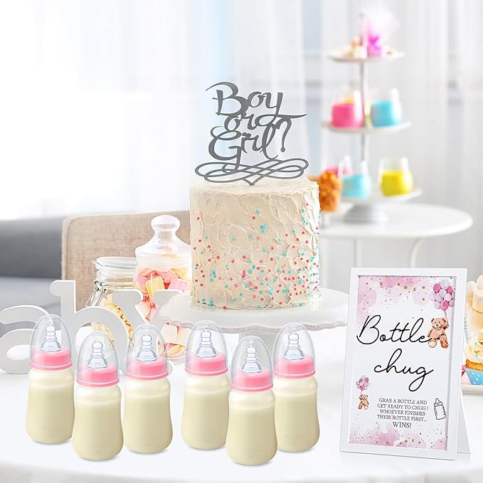 Roowest Bottle Chug Baby Shower Game Favors Including Pink Bear Theme Wooden Sign and 18 Pcs Baby Bottles for Gender Reveal Party Supplies
