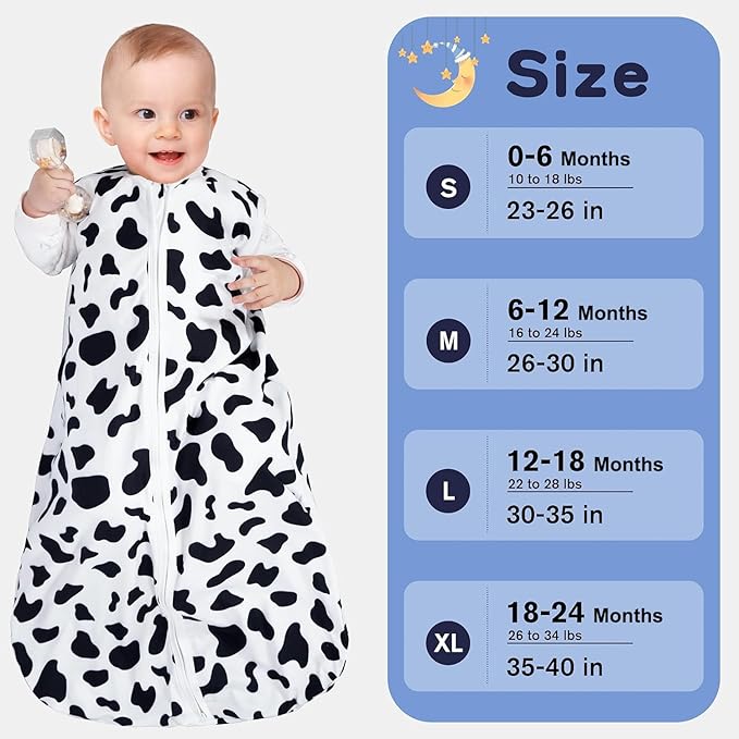 Baby Sleep Sack 12-18 Months Baby Wearable Blanket 100% Rayon Cotton 2-Way Zipper Toddler Sleeping Sack，Comfy Soft Lightweight TOG 0.3（Cow Print）