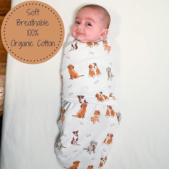 LollyBanks Baby Swaddles, 100% Organic Cotton Swaddles for Newborn Boy and Girl, 0-3 Months Swaddle Sacks with Easy Change Zipper, Swaddle Neutral Baby Registry (Puppies Print)