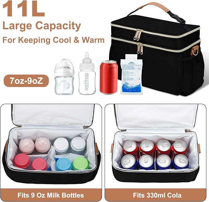 Breastmilk Cooler Bag with 6 Ice Pack, Wearable Breast Pump Bag Compatible with Willow, Elvie, Medela & Momcozy M5/S12 Pro Pumps & Accessories for Work, Travel and Family Use Black