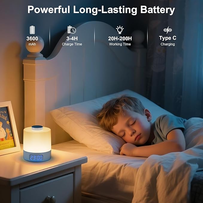 WOBANE Night Light for Kids, 3 Colors Dimmable Baby LED Lighting, 3600mAh Battery Rechargeable with Clock, Portable Bedside Lamp for Nursery, Breastfeeding, Adults, Blue