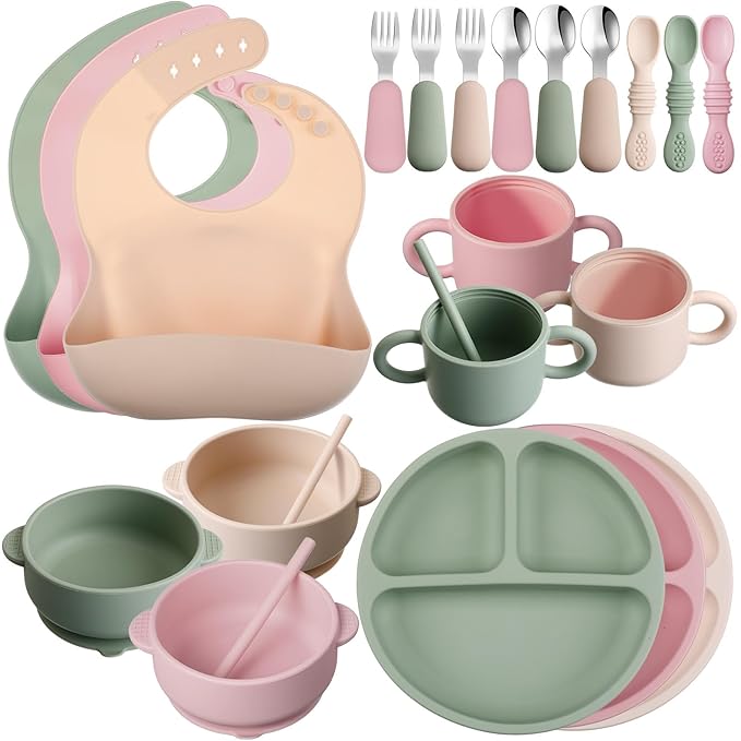 Yinder 24 Pack Silicone Baby Feeding Set Baby LED Weaning Supplies Includes Suction Divided Plates Soft Bowl Spoons Forks Adjustable Bib Snack Cup and Straws(Dark Green, Beige, Light Pink)