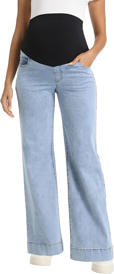 Foucome Women's Maternity Jeans Wide Leg Trendy Comfy Stretchy Straight Leg Pregnancy Denim Pants