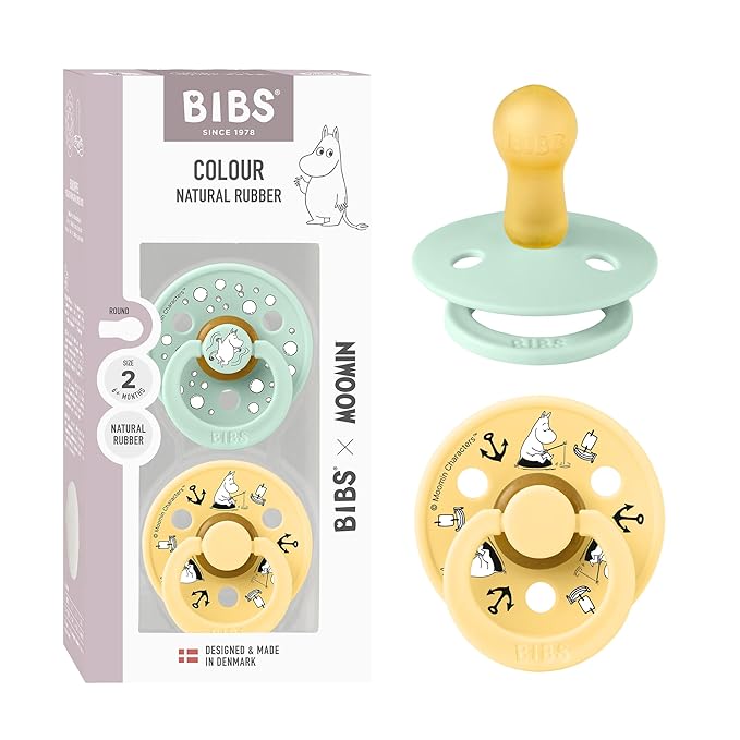 BIBS Colour Moomins Pacifier 2-Pack, BPA Free Pacifier, Round Nipple. Natural Rubber Latex, Made in Denmark, Size 2 (6-18 Months), Nordic Mint/Pale Butter