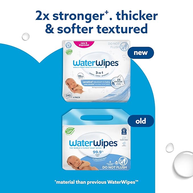 WaterWipes Sensitive+ Newborn & Baby Wipes, 3-In-1 Cleans, Cares, Protects, 99.9% Water, Unscented & Hypoallergenic, 240 Count (4 Packs)