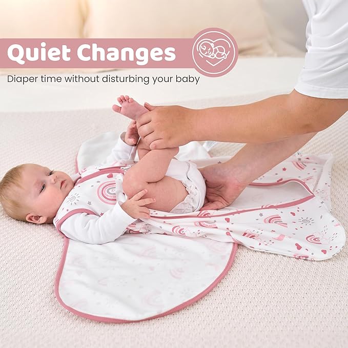 Baby Swaddle Sleep Sack 3-6 Months, Cotton Swaddles for Newborns Girls, 2-Way Zipper Transitional Infant Wearable Swaddling Blanket with Quiet Closure, 0.5 TOG 2 Pack Soft Pink Rainbow