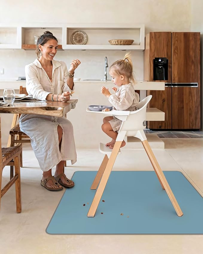 Blissful Diary Baby Splat Mat for Under High Chair, 50.4 x 50.4 Inch Wipeable Splash Mat, Waterproof and Washable, Anti-Slip Floor Protector, Slate Blue