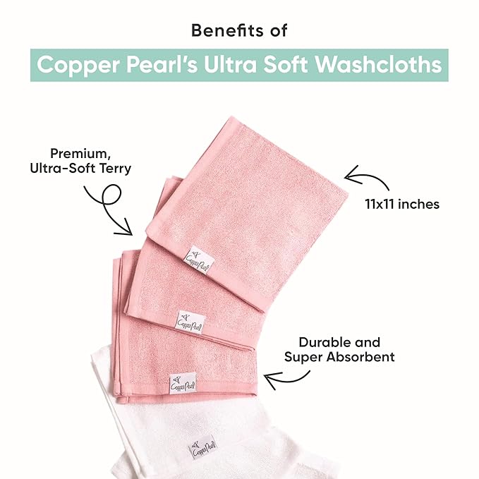 Copper Pearl 6 Ultra Soft Baby Bath Washcloths Premium Large Soft Chief 11" x 11" Towels