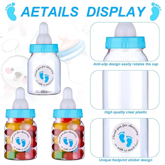 62 Pcs 3.5 Inch Baby Mini Milk Bottle Baby Shower Favor with 500 Adhesive Thank You for Showering Stickers, Small Plastic Candy Bottle DIY Gift for Boy Girl Newborn Baptism Party Decor (Blue)