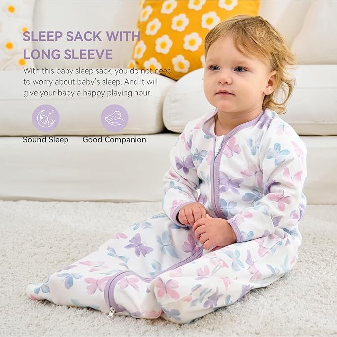 Baby Sleep Sack 12-18 Months, Long Sleeve Baby Wearable Blanket 0.5 Tog with Mittens, 2-Way Zipper Toddler Cotton Sleeping Sack for Boy and Girl Purple Butterfly 2 Pack(Large)