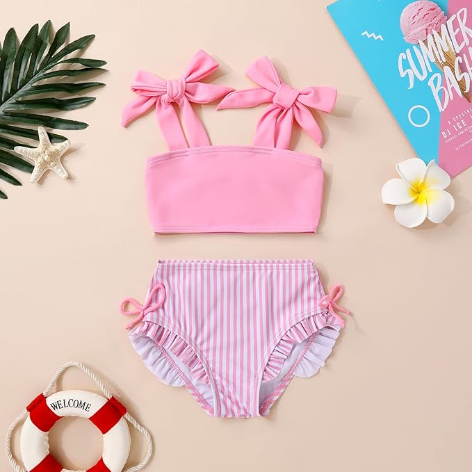 Toddler Swimsuit Girl Color Block Stripe Swimwear Baby Girl Summer Beach Bathing Suits Bikini Set with Ruffled Edges