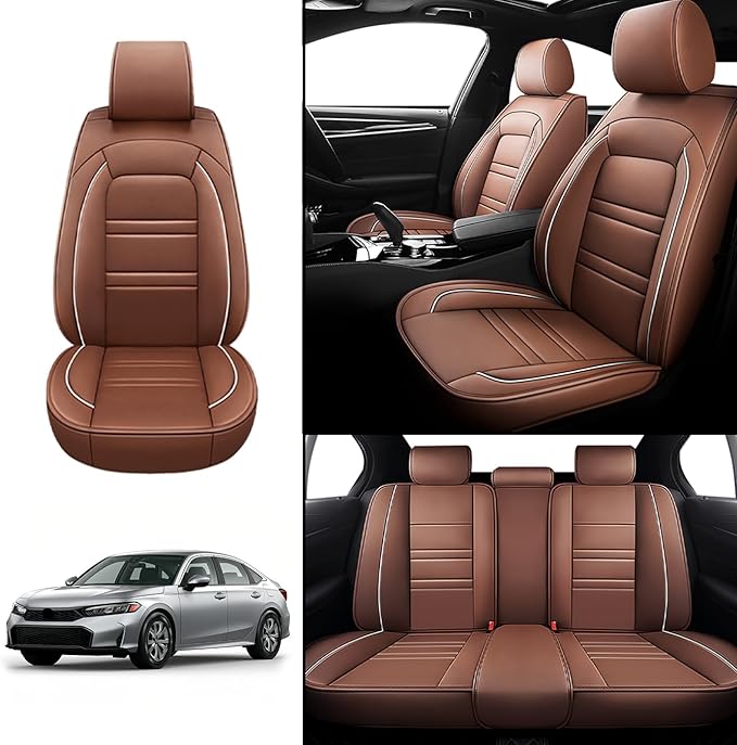 Seat Covers for Honda Civic 2001-2025 | 5-Seats Leather Seat Covers, Easy to Install Automotive Seat Covers Full Set (Full Set, Coffee)