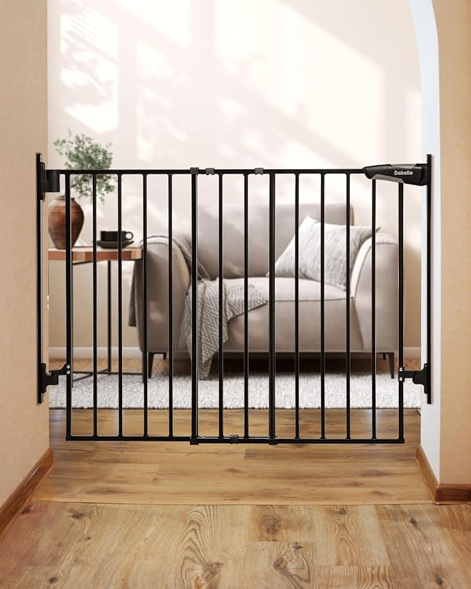 Babelio 27-45" No Bottom Bar Baby/Dog Gate with Easy Installation, 2-in-1 Auto Close Design, Suitable for The House, Stairs, and Doorways, Safety Pet Gates with Large Walk-Thru Door, Black