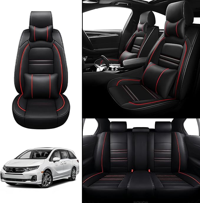 Car Seat Covers for Honda Odyssey 2005-2025 | 5-Seats Seat Covers, Waterproof Seat Protectors, Automotive Seat Covers (Full Set with Pillow,Black&Red Line)