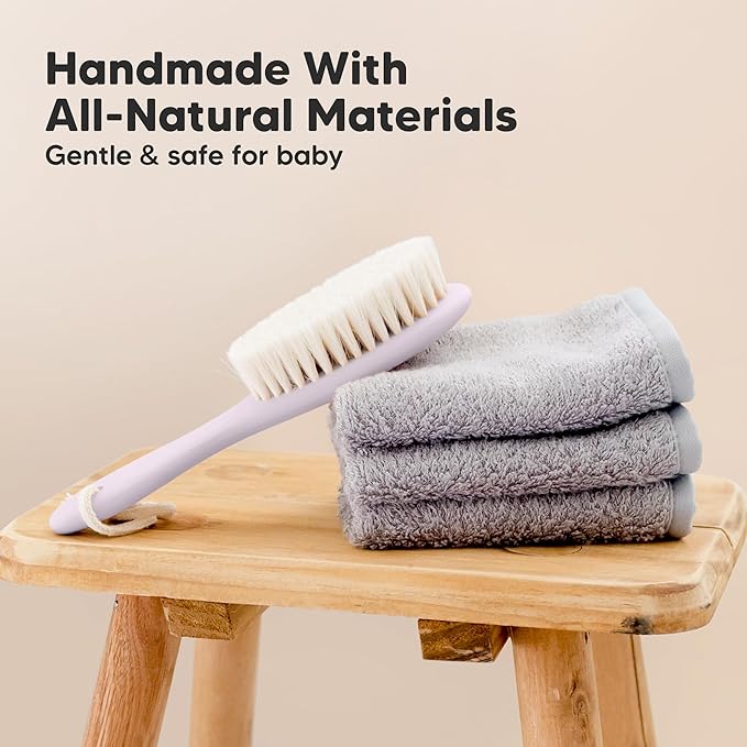 Wooden Baby Hair Brush - Cradle Cap Baby Brush with Soft Goat Bristles, Perfect Gentle Scalp Newborn Comb for Infant, Girls, Boys, Bath Essentials (Thistle, Oval)