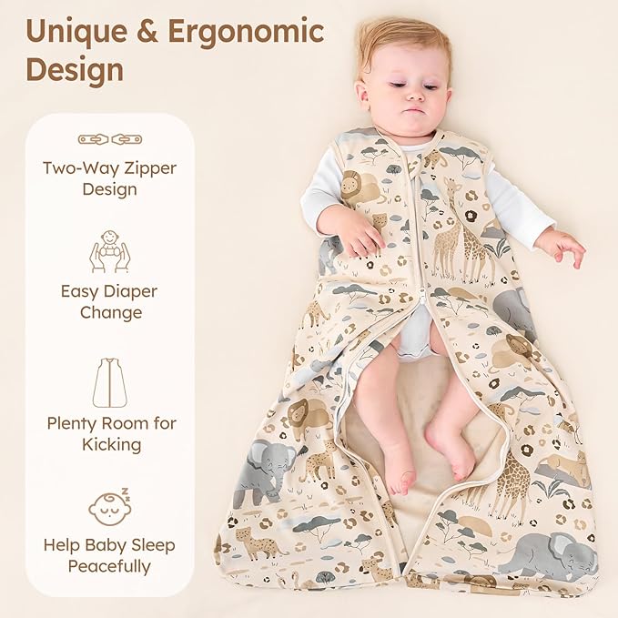 Baby Sleep Sack 0-6 Months 100% Cotton Lightweight 0.5 TOG Wearable Blanket Baby Sleep Bag with 2-Way Zipper for Newborn Infant Apricot Elephant
