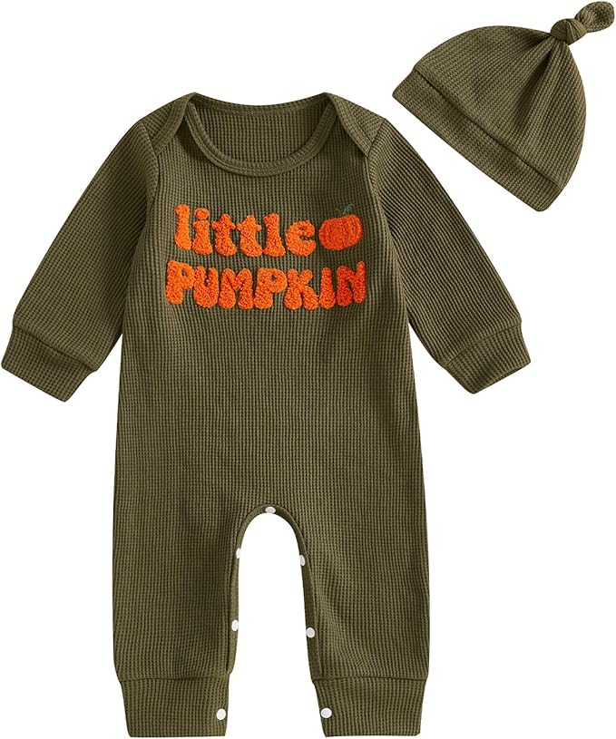 Newborn Infant Baby Boy Halloween Outfit Little Pumpkin Embroidery Romper Waffle Knit Long Sleeve Jumpsuit with Hat