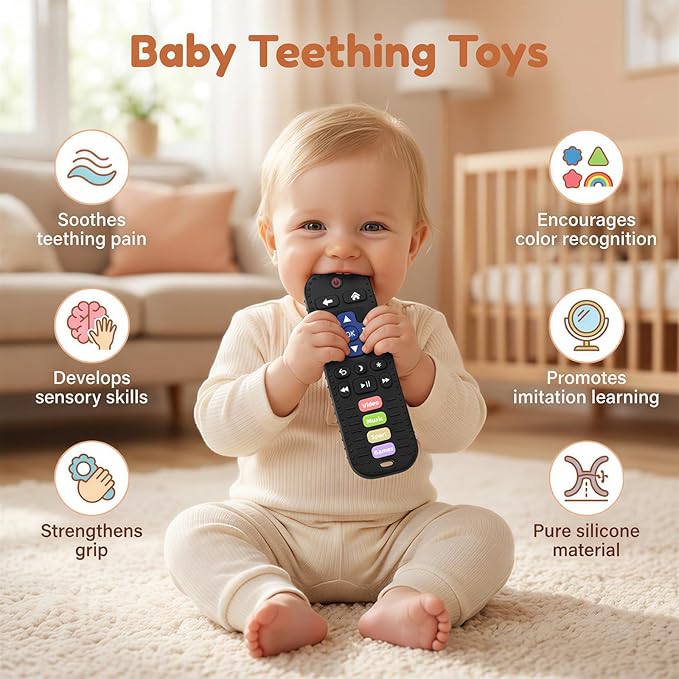 Baby Teething Toys, Remote Control Sensory Teether, Silicone Chew Toy for Teething Relief, BPA-Free Baby Remote Gift for Infants 3-6, 6-12 Months (Black)