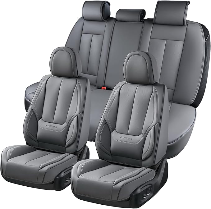 Coverado Car Seat Covers Full Set, Seat Covers for Cars, Gray Car Seat Protector Waterproof, Nappa Leather Car Seat Cushion, Car Seat Covers Front Seats and Back Fit for Most Cars