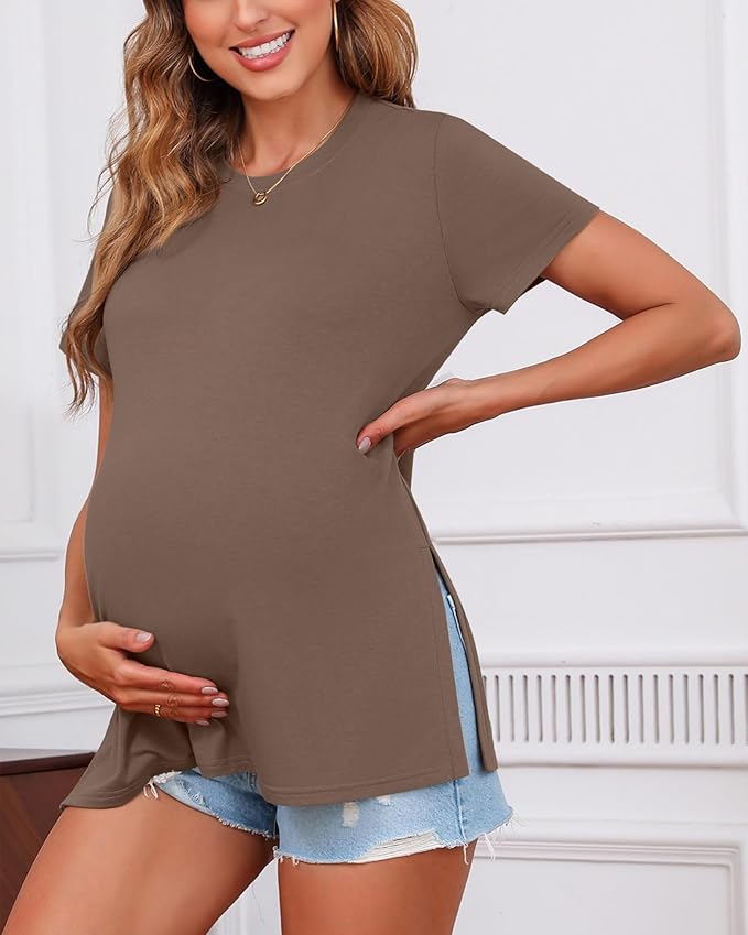 Ficerd 3 Pack Women's Maternity T Shirts, Short Sleeve Side Split Pregnancy Tops Casual Crew Neck Pregnant Tees Mama Clothes