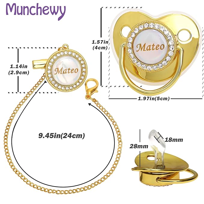 Personalized Pacifier and Pacifier Clip with Name, Bling Gold Pacifier Clip Set with Gift Box Greeting Card, Glitter Crystal Luxurious Dummy Ideal Gift for Boys Baby Shower Newborn Photography(Silver)
