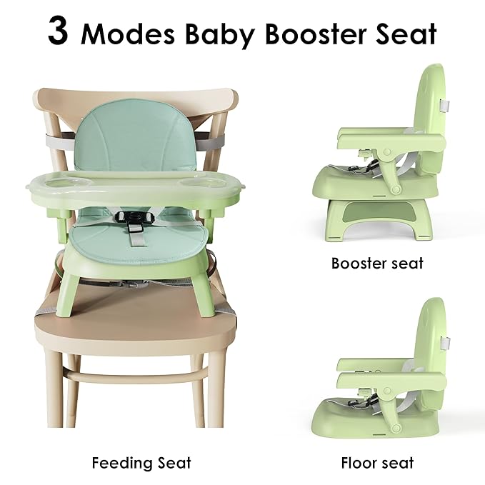 Bella’s Friends 3-in-1 Toddler Booster Seat for Dining Table and Kitchen Chair with Adjustable Double Layer Tray and Safety Straps, Foldable&Portable Baby Floor Seat with Removable Cushion, Green