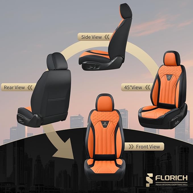 FLORICH Seat Covers for Cars, Waterproof Automotive Seat Covers, Leather Car Seat Covers 2 Pack, Universal Front Seat Cushion Protector for Most Cars Trucks SUV-Black&Orange