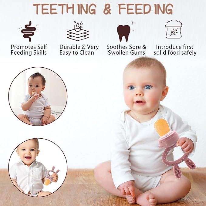 WAJIAYON Baby Breastmilk Popsicle Molds & Baby Fruit Feeder (2 Pack), Baby Food Freezer Tray Storage Containers, Silicone Teething Pacifier Feeder and Teether for Babies,Baby Feeder-Pink