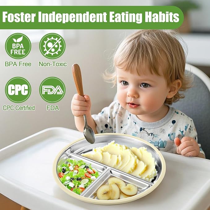 BUSOHA 2 Pack Stainless Steel Kids Plate with Suction - 9” Divided Toddler Baby Plates with Silicone Sleeves Non-Slip 2-in-1 Anti Breakage Metal Toddler Bowls Microwave Dishwasher Safe