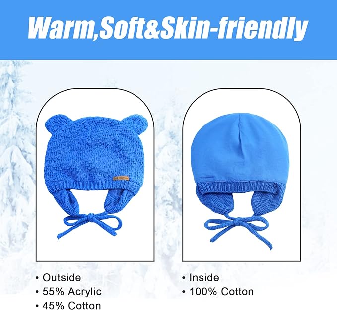 BAVST Baby Beanie Hat for Winter with Earfalp Cute Bear Kids Toddler Girls Boys Warm Knit Cap 0-2Years