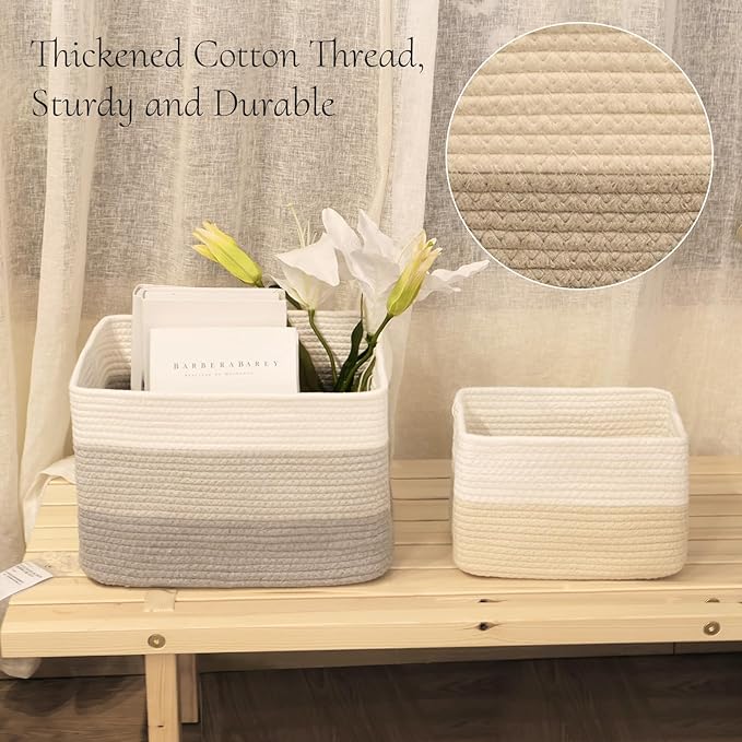 Hopegiver Storage Baskets for Organizing with Handle, Woven Baskets for Shelves - Durable Gift Basket for Cloth Toys Books Baby, Cotton Rope Basket for Dog Cat, 15x11x10 Inch(White&Light-Gray&Gray)