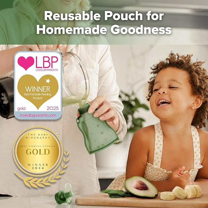 haakaa Yummy Pouch Reusable Baby Food Pouch, Reusable Pouches for Toddlers Kids Squeezable Pouch, Washable Freezer - Make Homemade Organic Food for Babies/Toddlers, 4oz, 2 Pack,6m+(Pea Green)