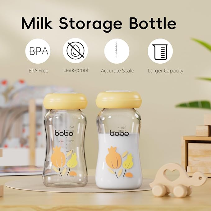 YOHKOH Glass Breast Milk Storage Bottles - 100% Leak-Proof, BPA-Free Breastmilk Storage Containers, Freezer & Dishwasher Safe, Ideal for Nursing Mothers (Yellow, 5.4oz (Pack of 4))