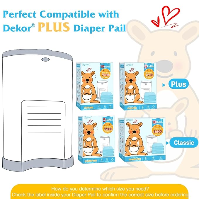 5 Pack Diaper Pail Refill Bags Compatible with Dekor Classic Diaper Pail, 40% Extra Length Refills Holds up to 3200 Diapers, Thickened Multi-layer Odor Control (Baby Scent)